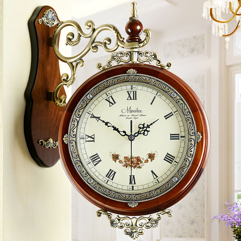 時鐘 歐式客廳掛鐘 仿古雙面時尚實木兩面靜音石英鐘表家用創意個性掛表