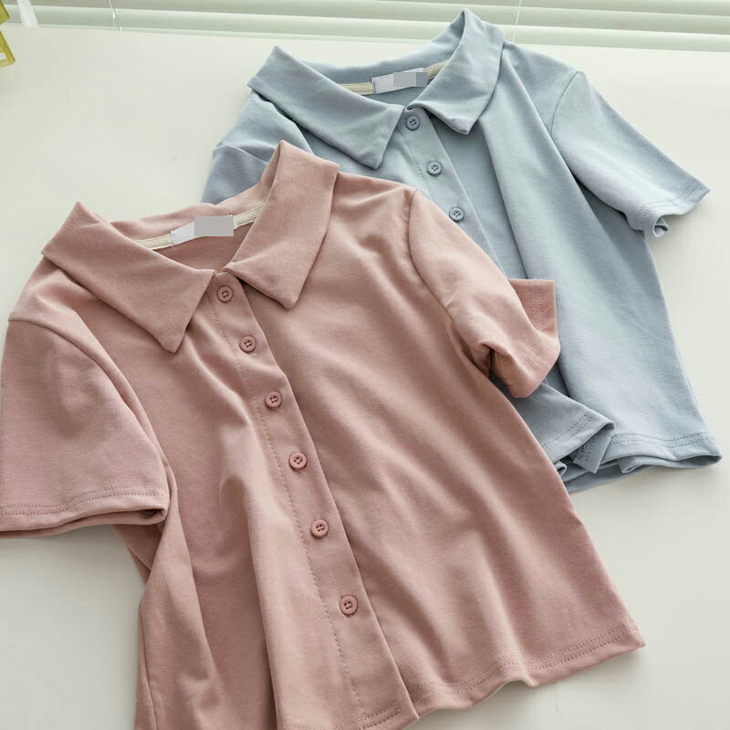 減齡Polo領短袖t恤女夏季新款學院風顯瘦單排扣純色短款上衣