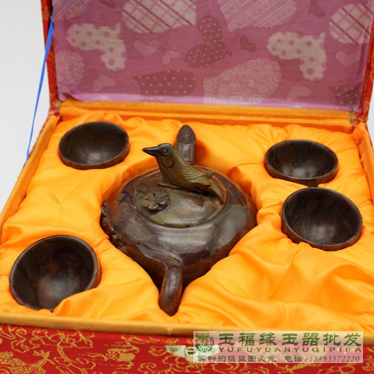 天然女媧石茶具五彩竹葉青茶壺玉石喜上眉梢壺禮品套盒| 協貿國際日用品