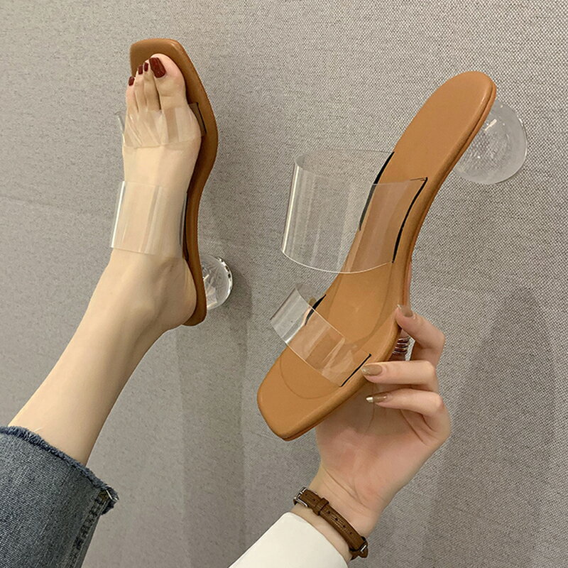 一字帶透明涼鞋女2021年新款時裝夏季水晶高跟鞋粗跟涼拖鞋仙女風