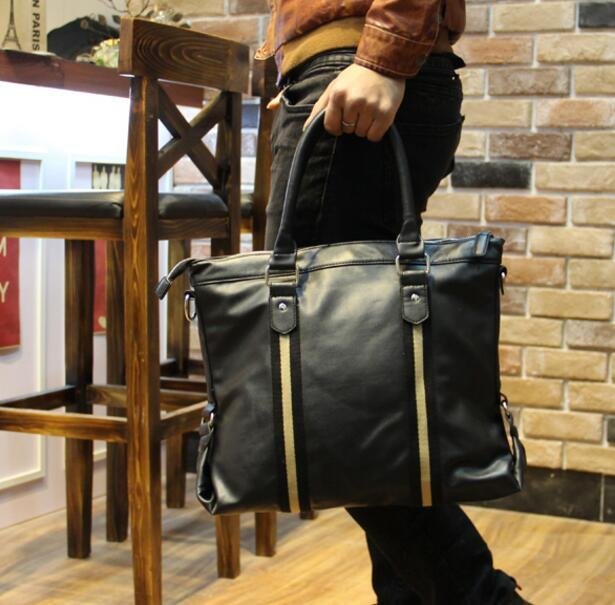 FINDSENSE Z1 韓國 時尚 潮 男 皮質 黑色 條紋 休閒 商務 手提包 單肩包 側背包 電腦包 公事包