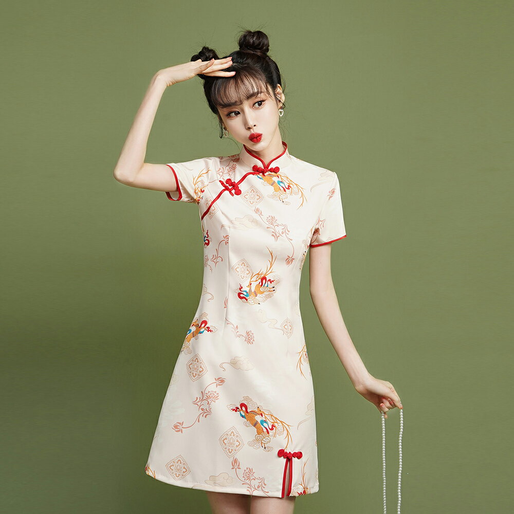 旗袍2022年新款女夏季國潮短款年輕款少女小鹿改良版連衣裙小子