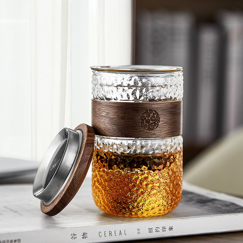 水杯輕奢高顏值錘紋玻璃杯茶杯茶水分離個人專用辦公室耐熱月牙杯