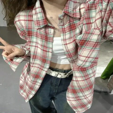 格子襯衫 女上衣 女裝 衣服 寬鬆上衣 格子襯衫女春夏秋新款韓版時尚少女小個子復古長袖襯衣休閒外套 0