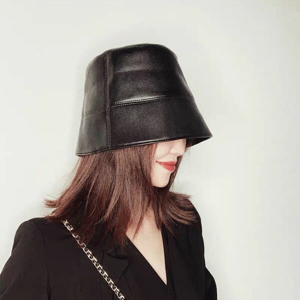 ANNA S. PU 皮質 直筒帽 帽子 漁夫帽 盆帽 水桶帽 造型帽 遮陽帽 個性 潮流 黑色 韓國350