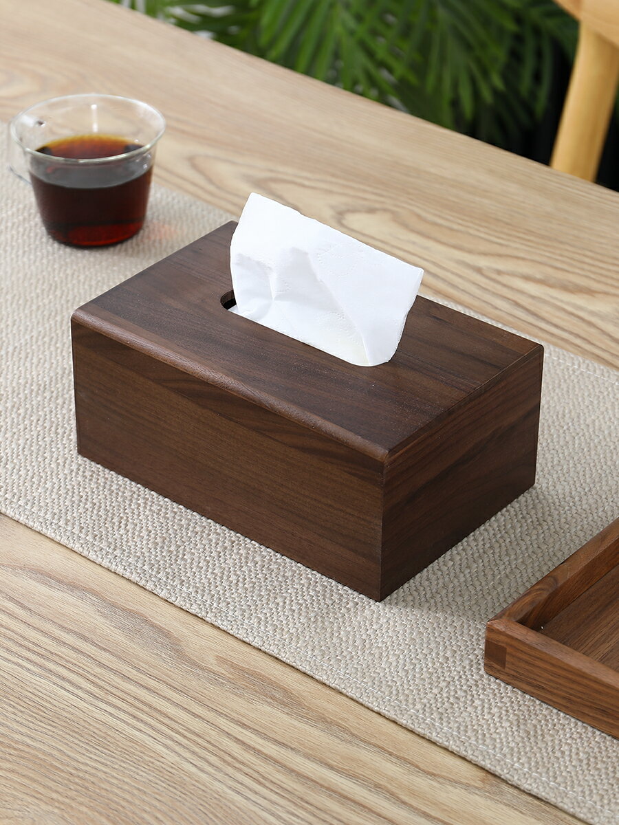 實木面紙收納盒 北歐木質紙巾盒家用客廳簡約創意抽紙盒長方形黑胡桃收納餐巾紙盒
