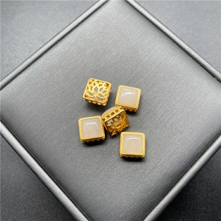 天然和田玉方形純銀通孔配件 S925銀鍍金鑲嵌 DIY手鏈11*8.9mm N3