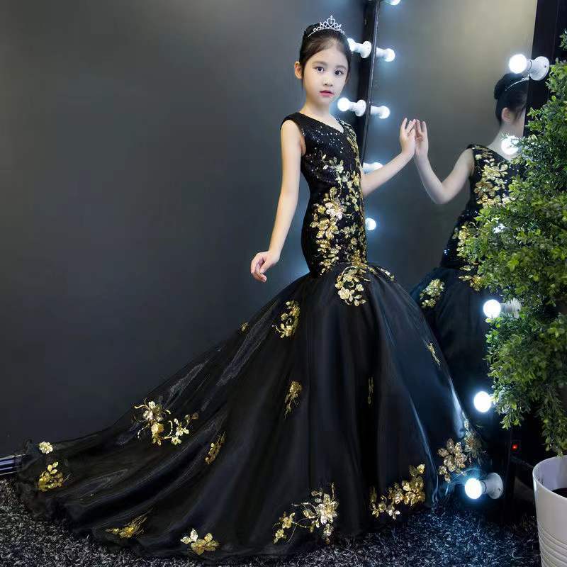 女童禮服高階黑色魚尾裙兒童禮服公主裙主持小模特T臺走秀演出服