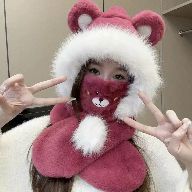 可愛冬天帽子圍巾一體毛茸茸護耳雷鋒帽女加厚騎電動車防風帽保暖