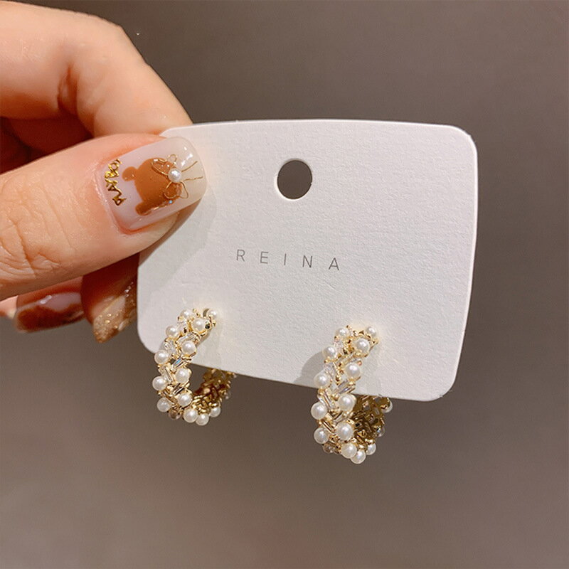 925銀針簡約珍珠鋯石耳環韓國東大門百搭顯臉瘦C型耳圈氣質耳飾女