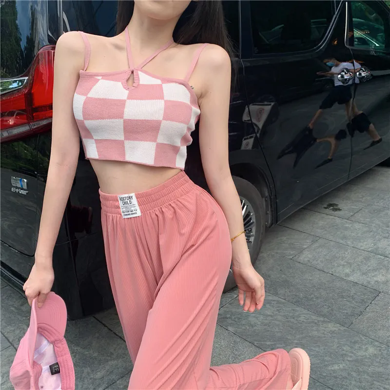 女士背心 小可愛 純欲風格子吊帶 掛脖背心 女外穿內搭背心 修身美背辣妹短款上衣 無袖背心 女生背心【不二雜貨】