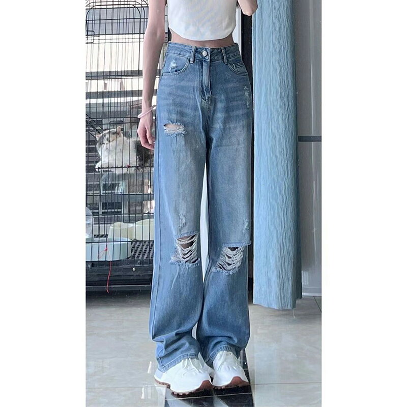 膝蓋破洞牛仔褲女夏季薄款2022新款小個子高腰寬松垂感闊腿拖地褲