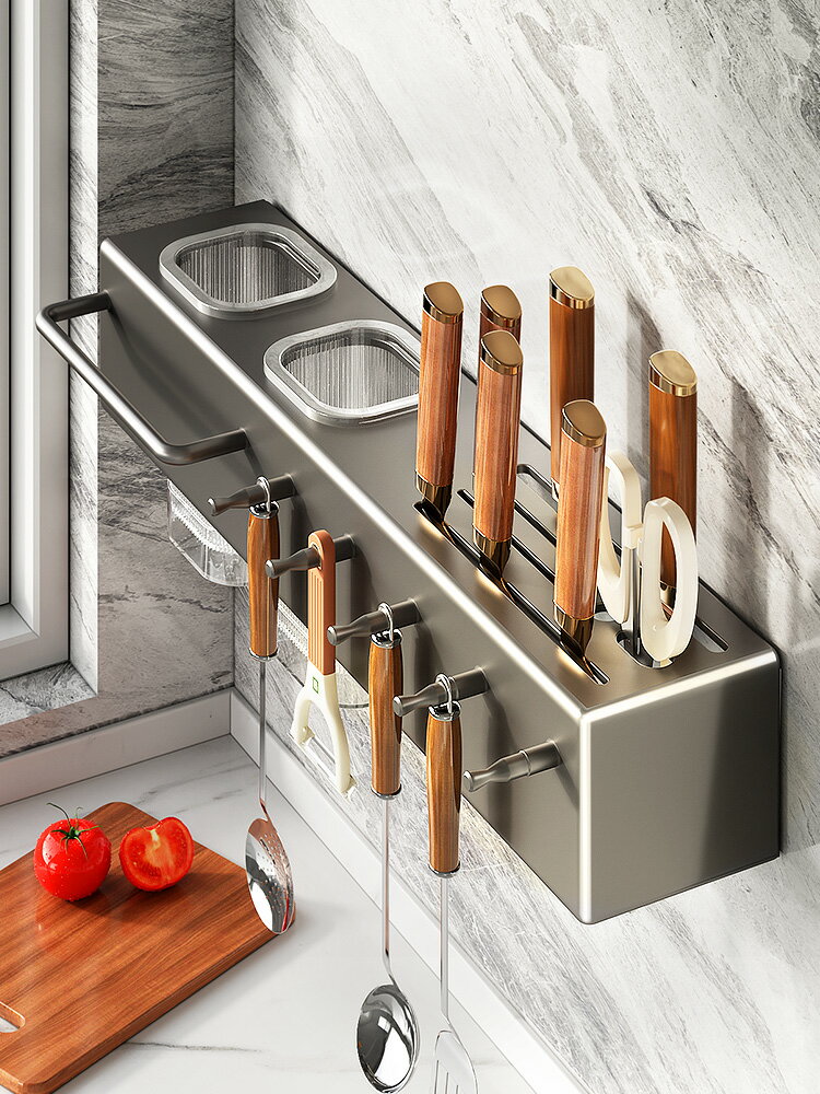 不銹鋼廚房刀架置物架食品級筷子筒多功能壁掛勺鏟菜刀具收納一體