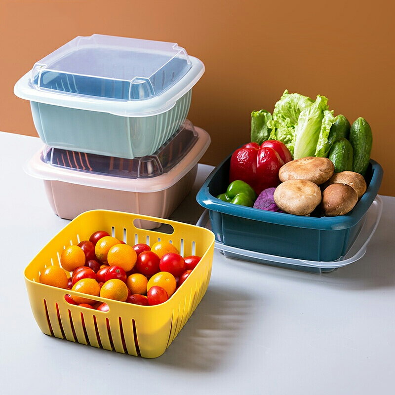 多功能瀝水籃雙層家用廚房冰箱洗菜籃水果保鮮盒帶蓋塑料收納籃