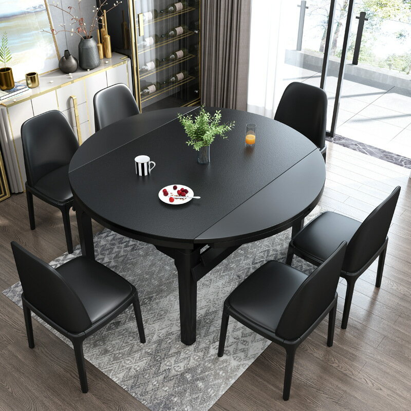 火燒石餐桌實木餐桌椅組合可伸縮折疊小戶型家用圓形北歐吃飯桌子