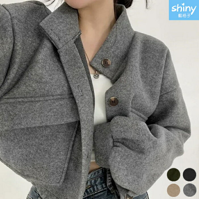 休閒酷帥．寬鬆立領短版毛呢外套-shiny藍格子【V5170】