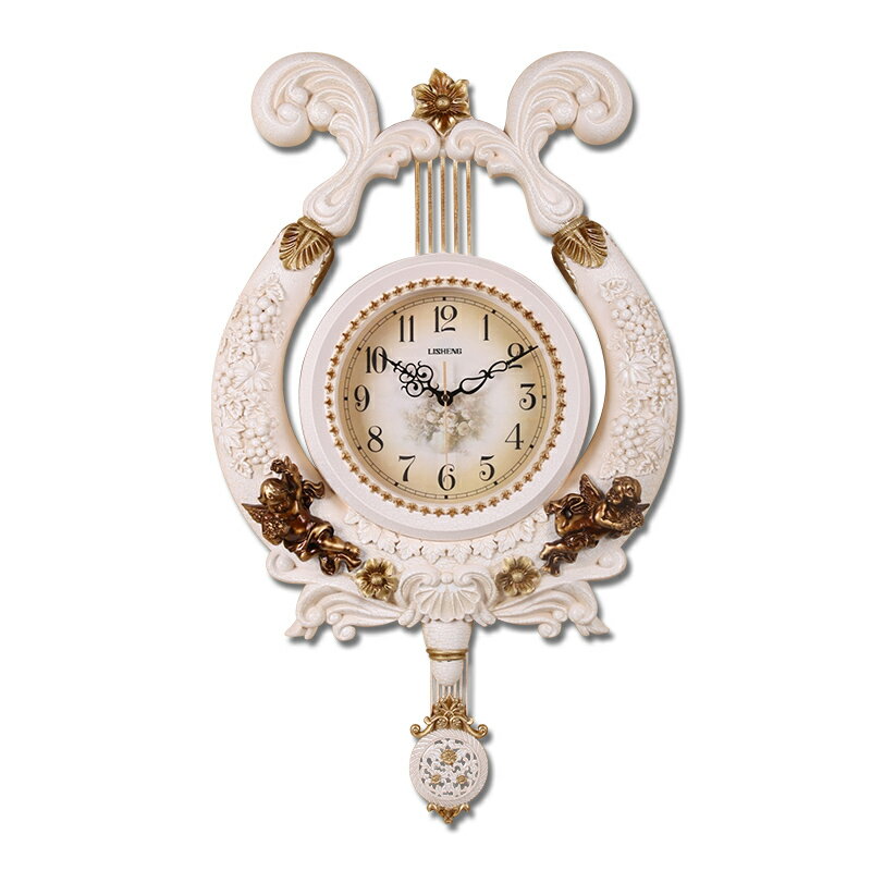 麗盛歐式豎琴天使裝飾靜音壁掛鐘客廳臥室立體浮雕時鐘表石英鐘