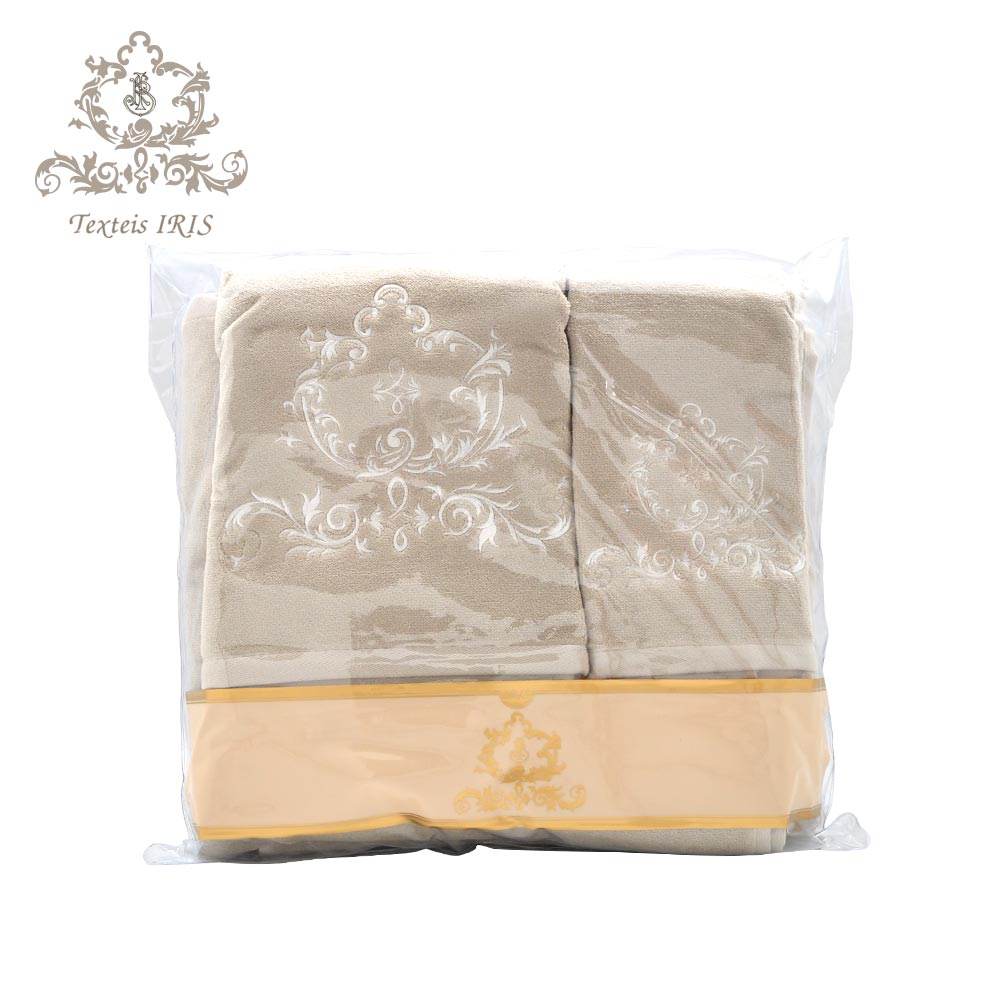 葡萄牙Texteis IRIS 頂級棉製 毛巾浴巾三件組（卡其底白色繡花）