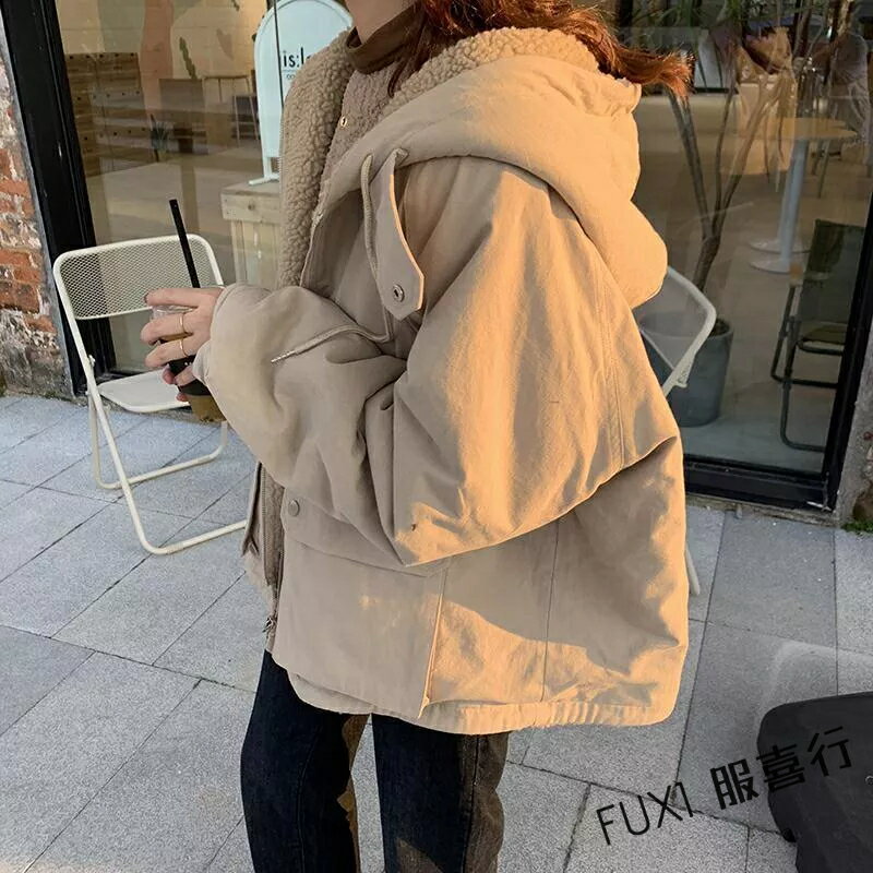 雙面羊羔毛外套女 加厚保暖外套 兩面穿外套 韓版寬鬆長袖外套 工裝棉服外套 連帽外套 拉鏈外套 秋冬外套