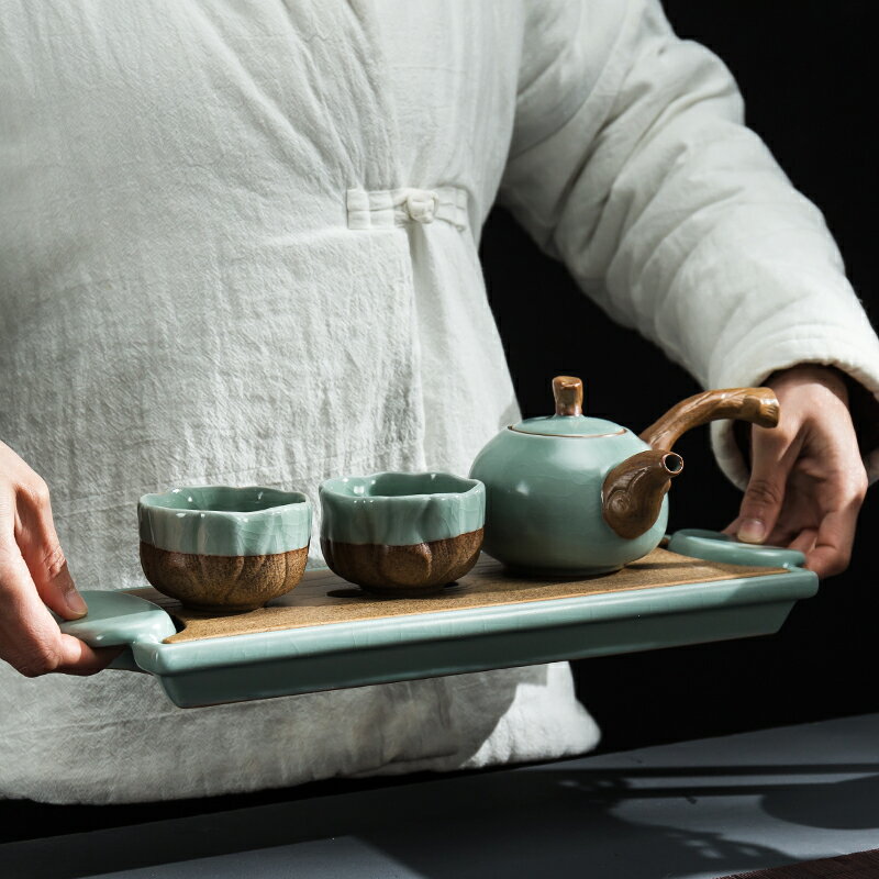 傳藝窯日式枯木汝窯開片側把一茶壺二杯干泡盤茶具小套裝家用簡約
