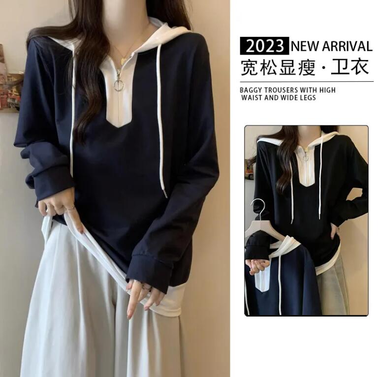 衛衣撞色假兩件連帽衛衣女春秋款休閑寬松顯瘦百搭【步行者戶外生活館】