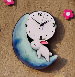 掛鐘 卡通彩繪可愛月亮兔子掛鐘靜音臥室兒童房幼兒園鐘錶創意時尚掛鐘