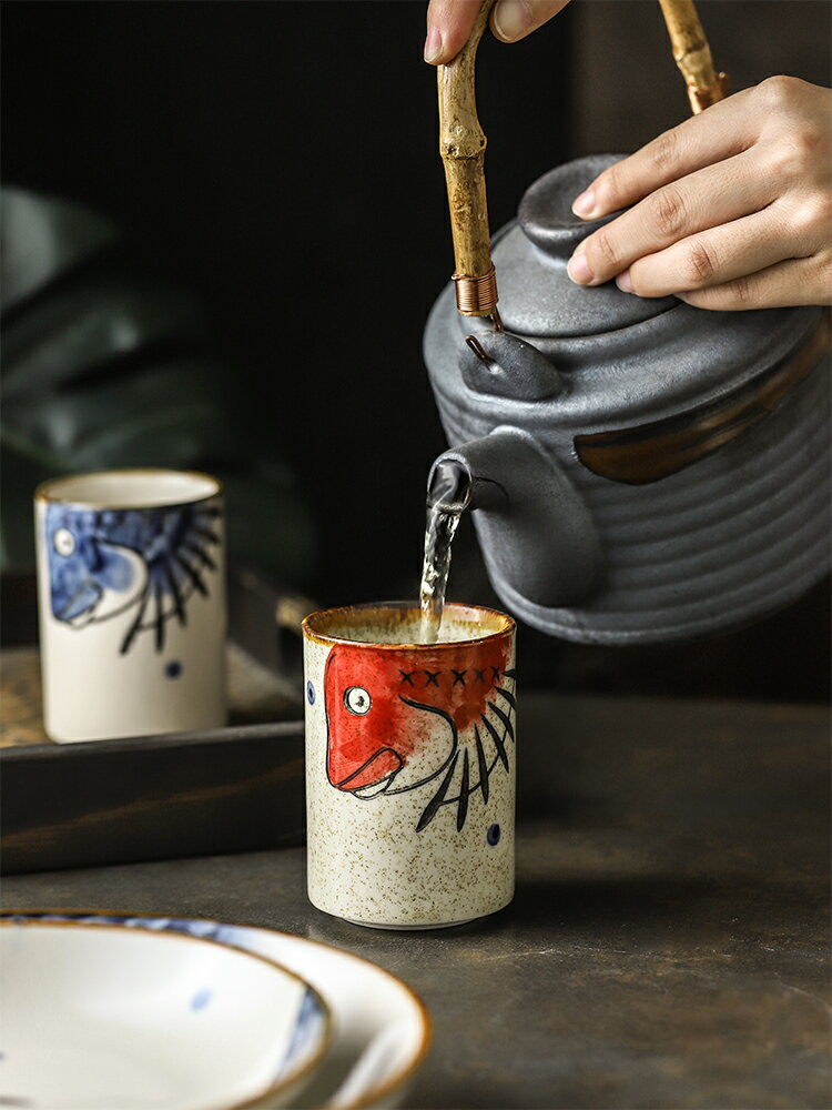 日式和風釉下彩手繪陶瓷喝水水杯茶杯直身杯湯吞杯早餐杯子馬克杯 廚房小物