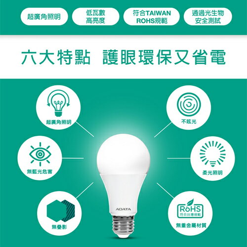 ADATA威剛 省電LED9.5W燈泡(白光/黃光) 無藍光危害 球泡燈 燈 燈具 燈泡 照明【愛買】 2