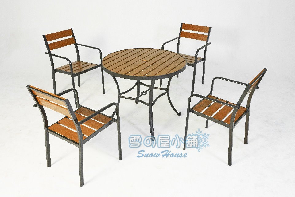 ╭☆雪之屋小舖☆╯90cm鋁合金塑木圓桌椅組/鋁合金戶外休閒桌椅/一桌四椅 A41214-1 / A19098
