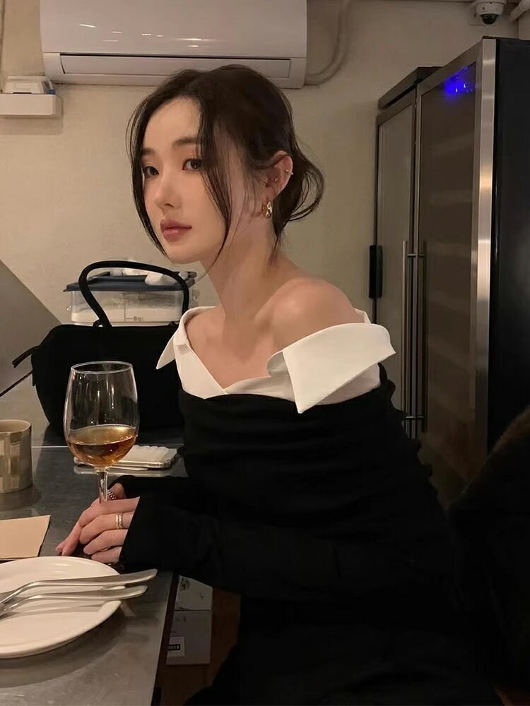 韓國chic春秋法式小性感一字領露鎖骨撞色拼接設計百搭長袖上衣女