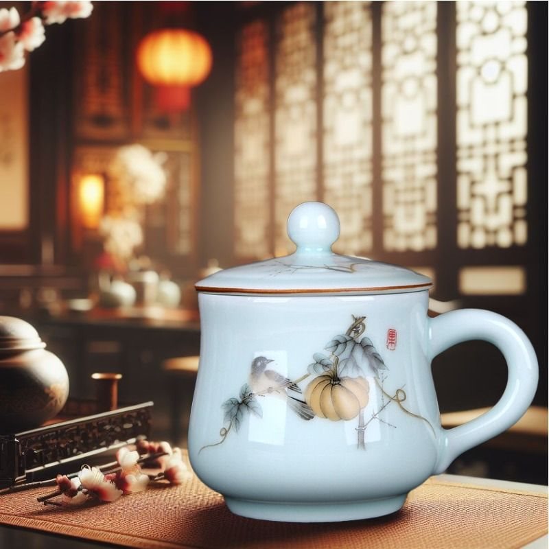 G批景德鎮茶杯陶瓷帶蓋綠茶水杯青瓷家用水杯辦公室單杯中式杯