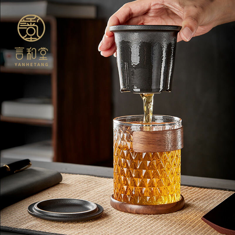 免運 泡茶杯 耐熱玻璃杯過濾泡茶杯日式帶蓋茶水分離辦公室不燙手喝茶水杯簡約 快速出貨