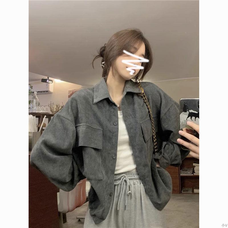 春秋復古休閑百搭翻領短款外套女小眾別致燈芯絨襯衫寬松長袖上衣