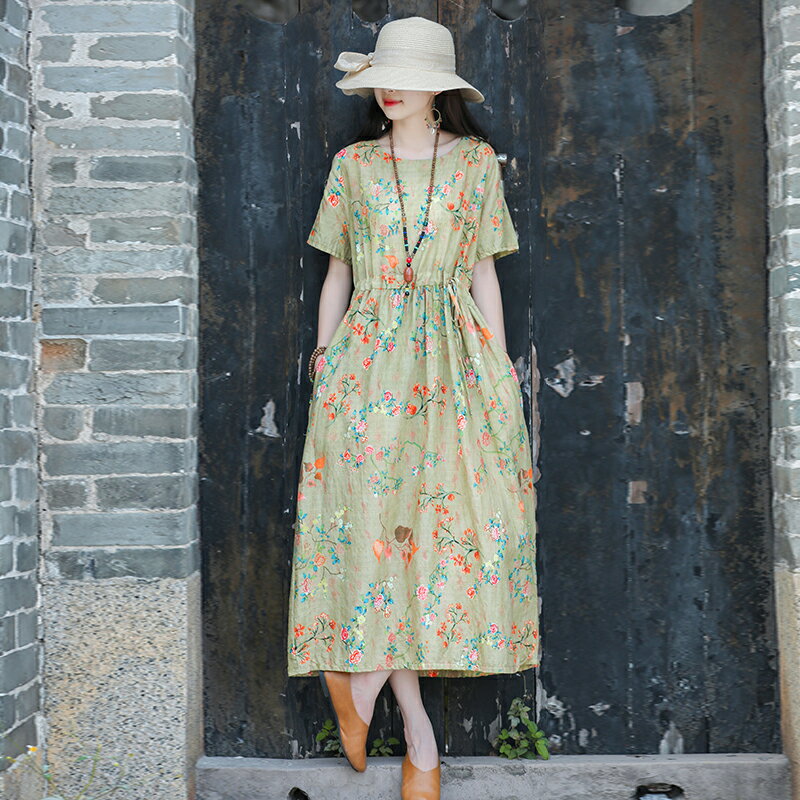 新款夏季韓版棉麻時尚連衣裙輕薄透氣涼爽短袖度假長裙女裝