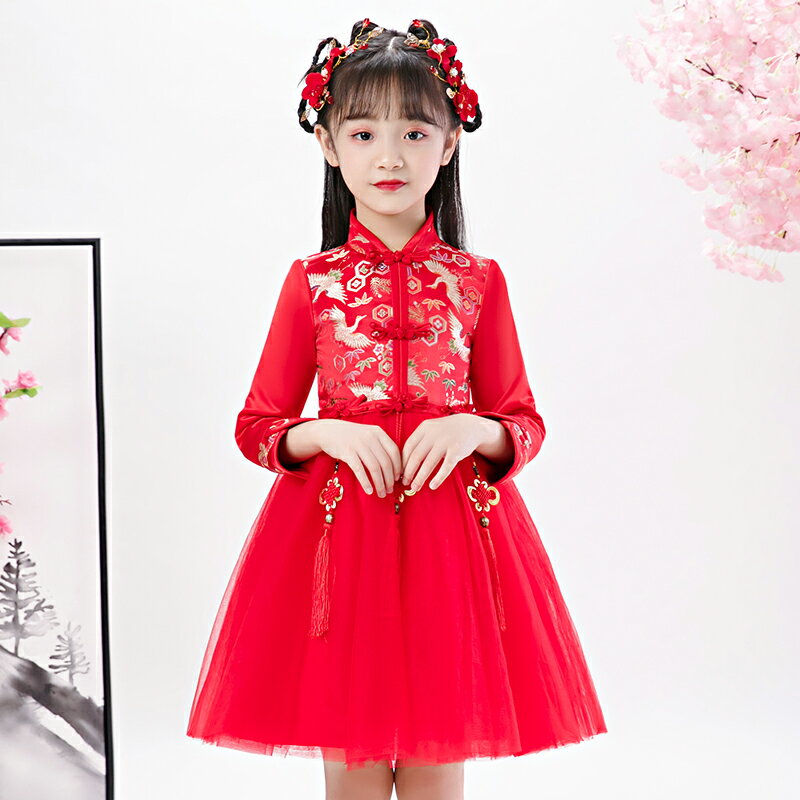 女童旗袍秋冬季中國風禮服兒童唐裝漢服寶寶公主裙新年拜年服冬裝1入
