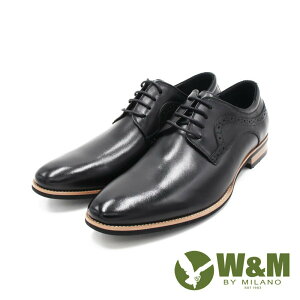 W&M(男)光感牛皮革 精緻流線型木根底皮鞋 男鞋－黑