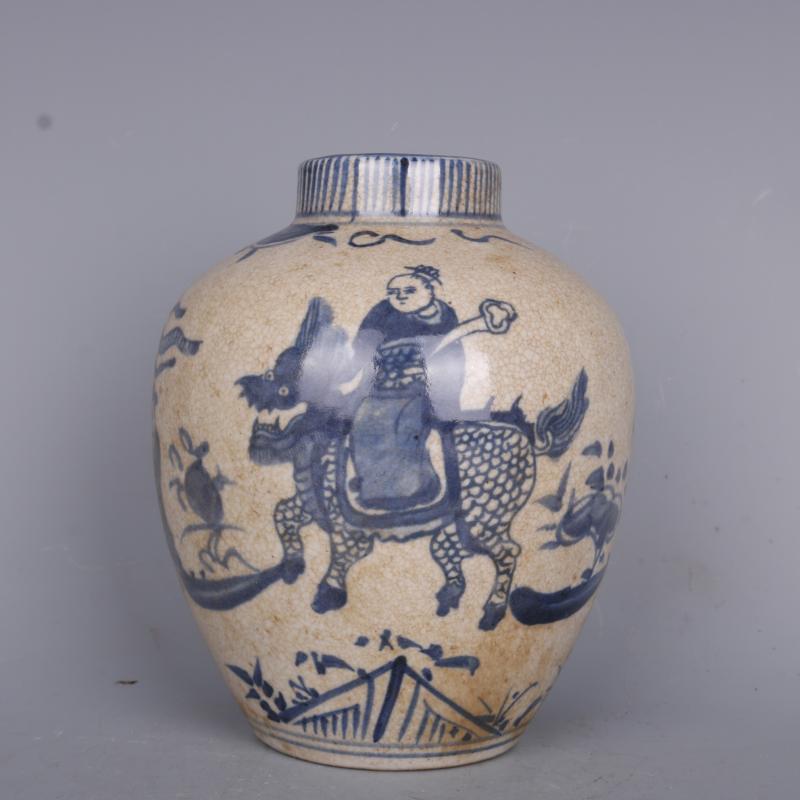明青花麒麟送子紋罐手繪仿古工藝瓷器家居中式擺件古董古玩收藏1入