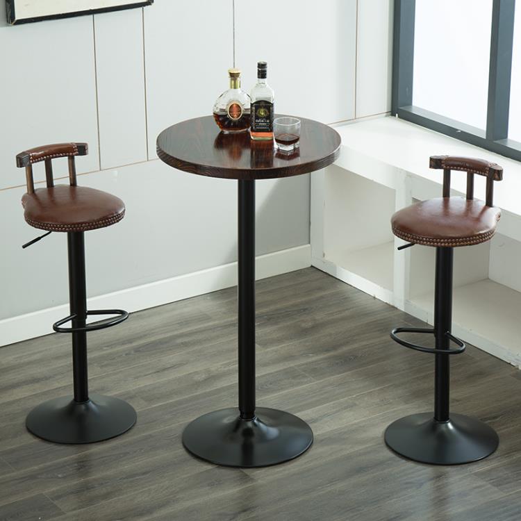 簡約小吧臺桌家用實木高腳圓桌子客廳咖啡廳北歐鐵藝桌椅組合碳化