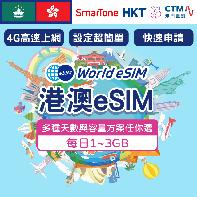 【GLOBAL WiFi】港澳eSIM SmarTone/HKT/CTM電信 3~15天 每日1~3GB方案任你選 降速吃到飽 4G高速 港澳上網漫遊卡