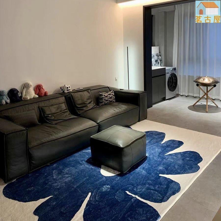 克萊因藍簡約抽象花朵極簡風侘寂風臥室客廳床邊地毯