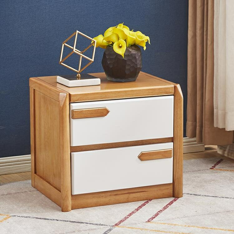 床頭櫃北歐床頭櫃實木橡膠木簡約現代中式儲物櫃胡桃色加白整裝床邊櫃 【麥田印象】