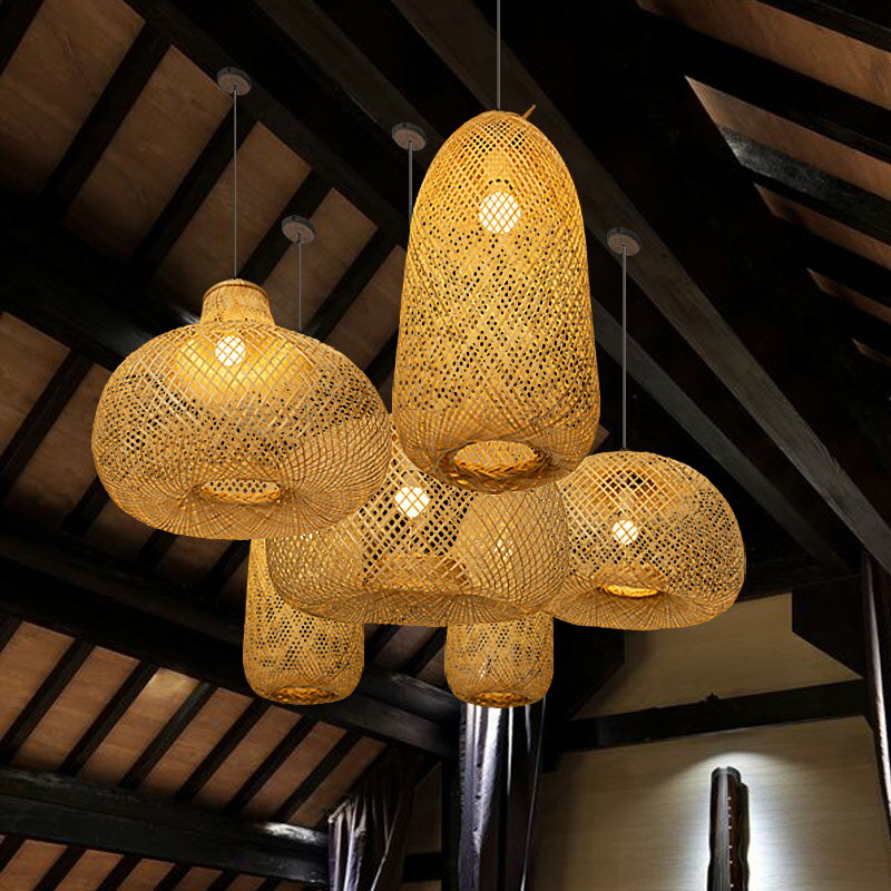 異麗茶室陽臺現代簡約竹編燈具新中式餐廳客廳燈樓梯過道竹藝吊燈