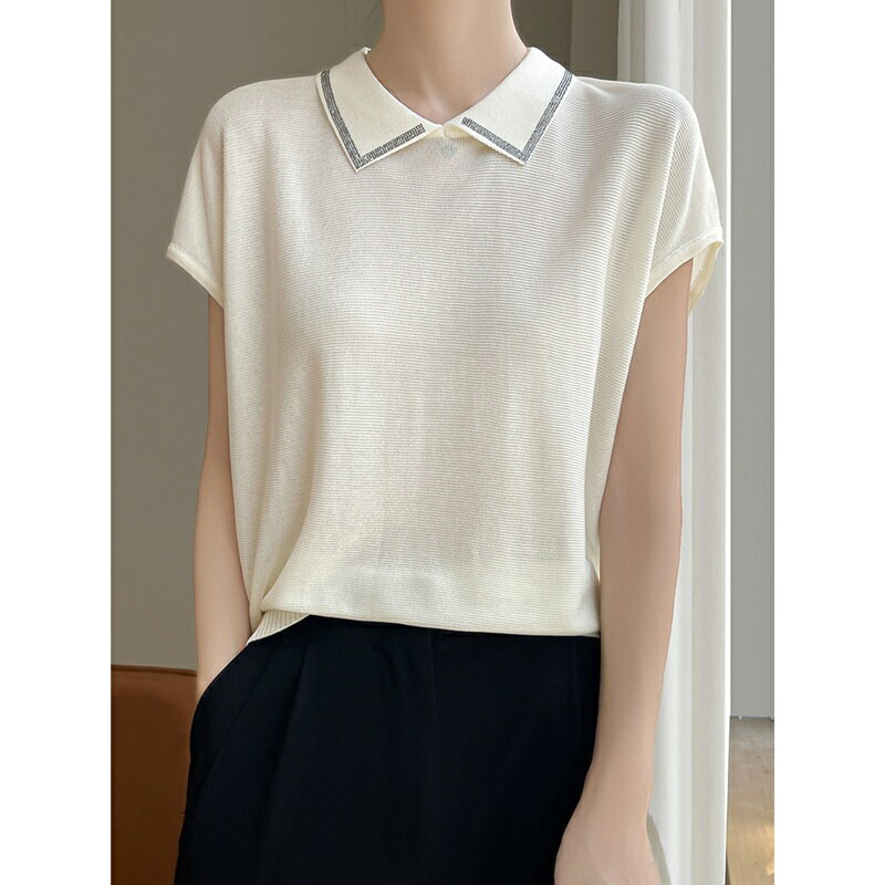 現貨+預購 針織衫短袖毛衣-燙鑽翻領天絲T恤女上衣6色74lc31【獨家進口】【米蘭精品】