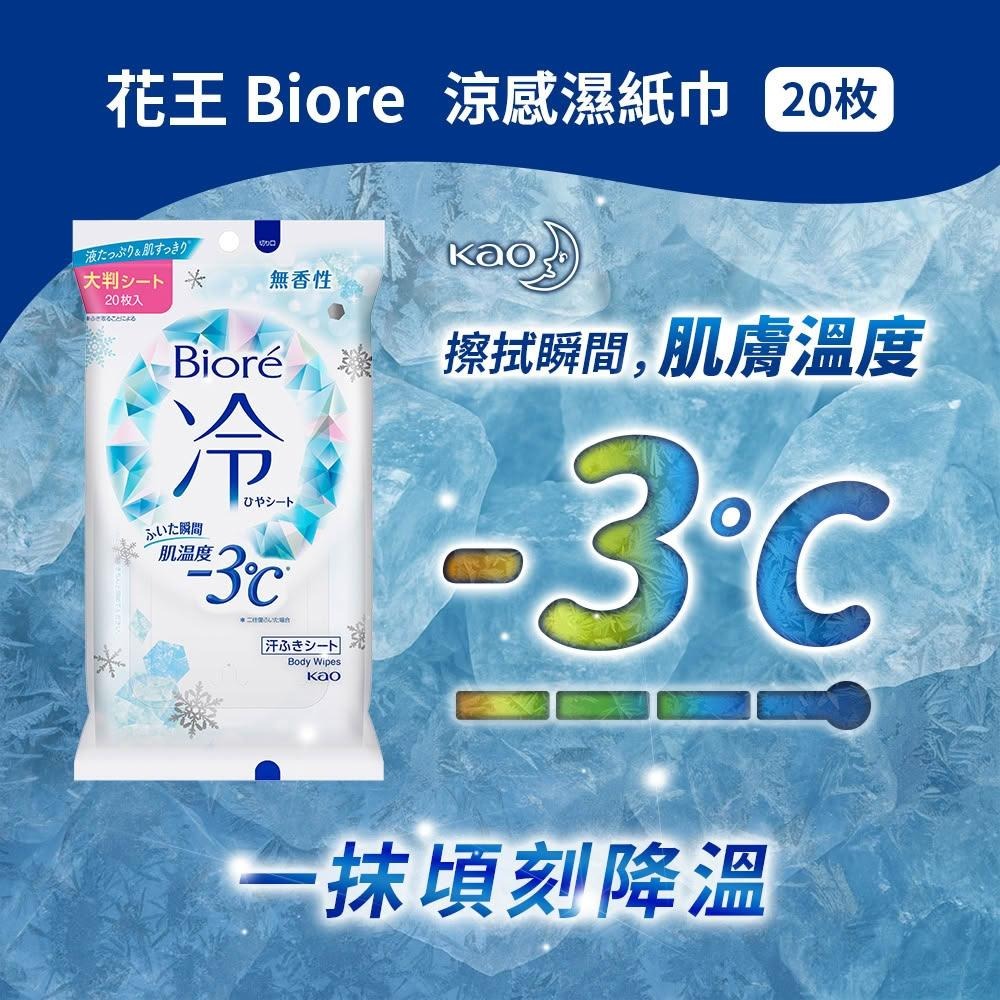 日本 花王 Biore -3℃ 涼感濕紙巾 20枚 身體專用濕巾 抗菌除汗 冰感濕巾 無香 花香 KAO身體清潔濕紙巾 1
