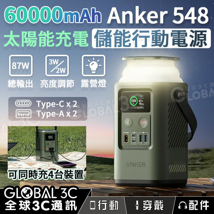 Anker 548 行動電源 60000mAh超大電量 87W輸出 四口充電 緊急照明 支援太陽能充電【APP下單4%回饋】