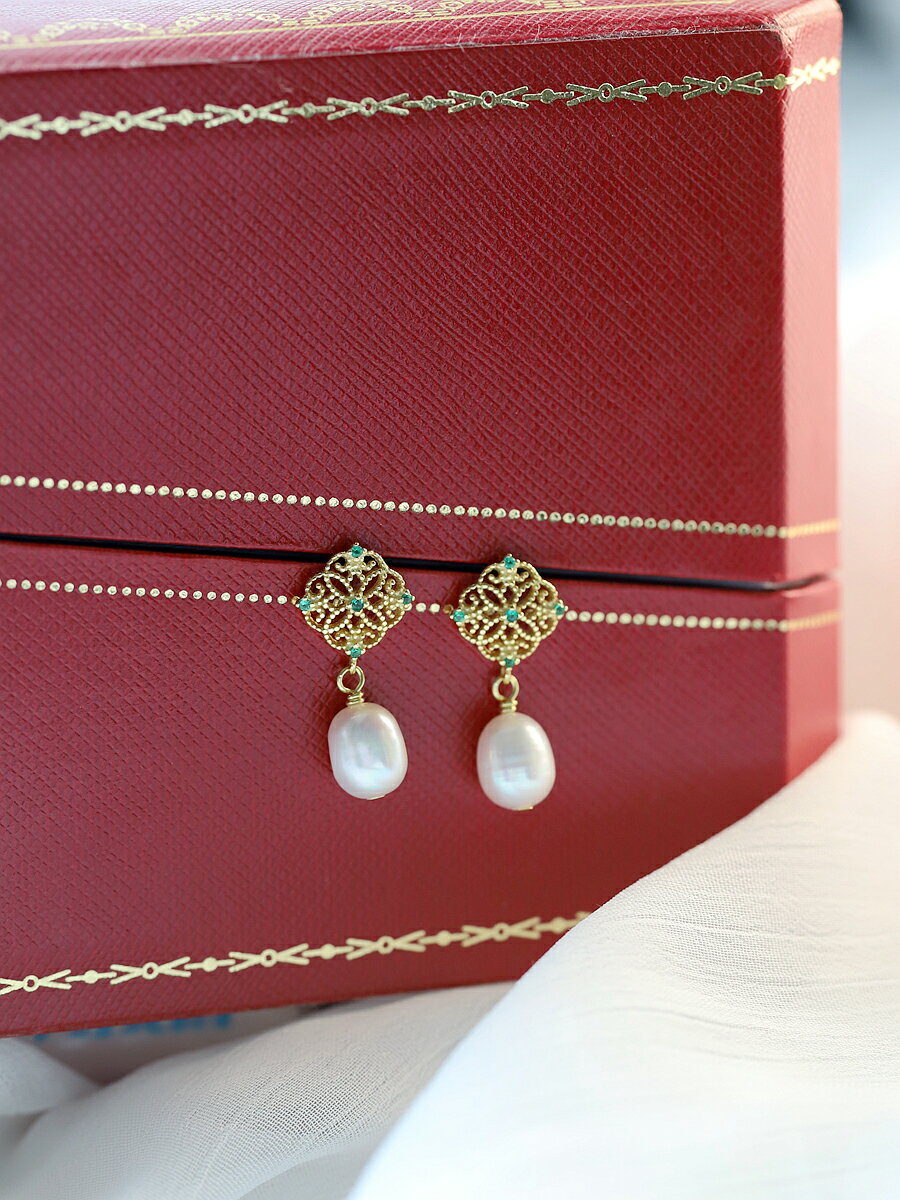 純銀珍珠耳環新款潮蕾絲高級感復古小眾中國風輕奢氣質耳釘女1入