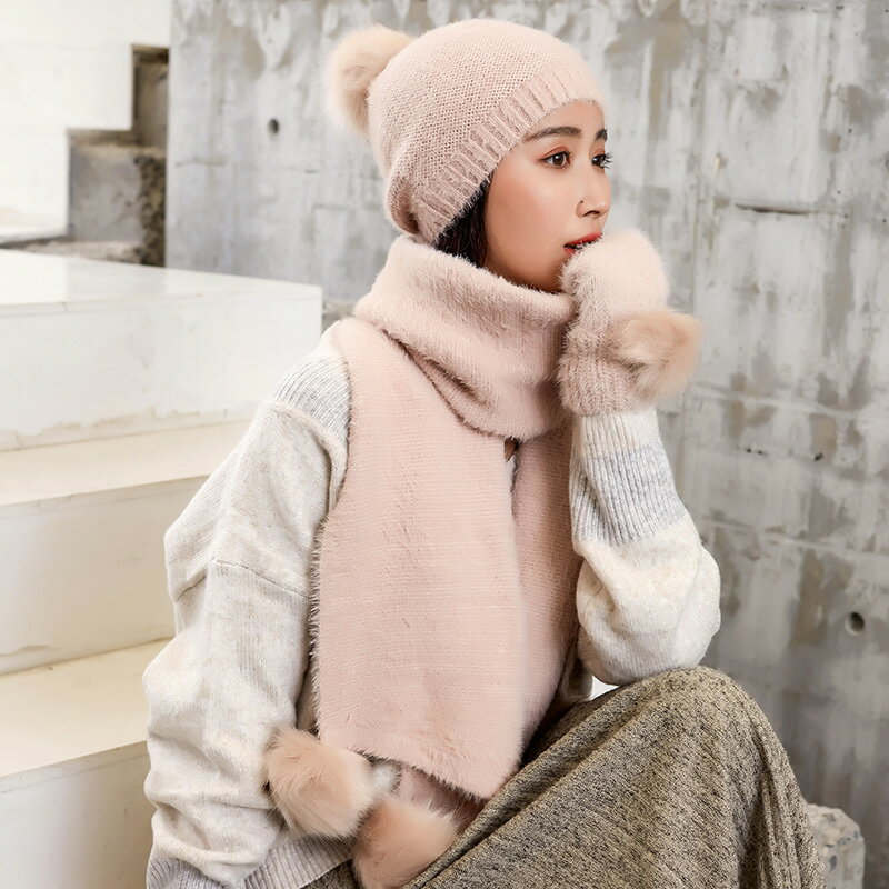 韓版冬季女學生帽子圍巾手套一體軟妹針織三件套可愛毛毛絨禮盒裝