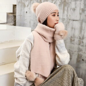 韓版冬季女學生帽子圍巾手套一體軟妹針織三件套可愛毛毛絨禮盒裝