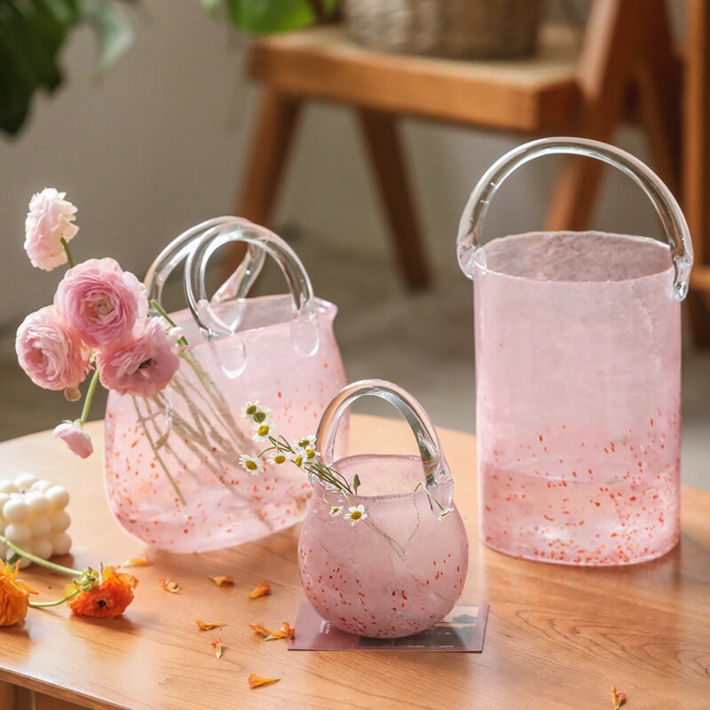左岸麥田 粉色波點手提玻璃花瓶網紅ins客廳創意水培透明包包花瓶