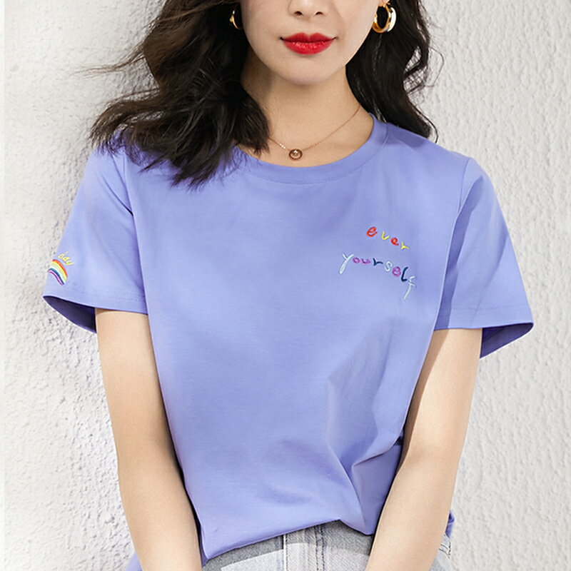 藍紫色純棉寬松短袖T恤女年夏季新款百搭ins設計感小眾上衣潮